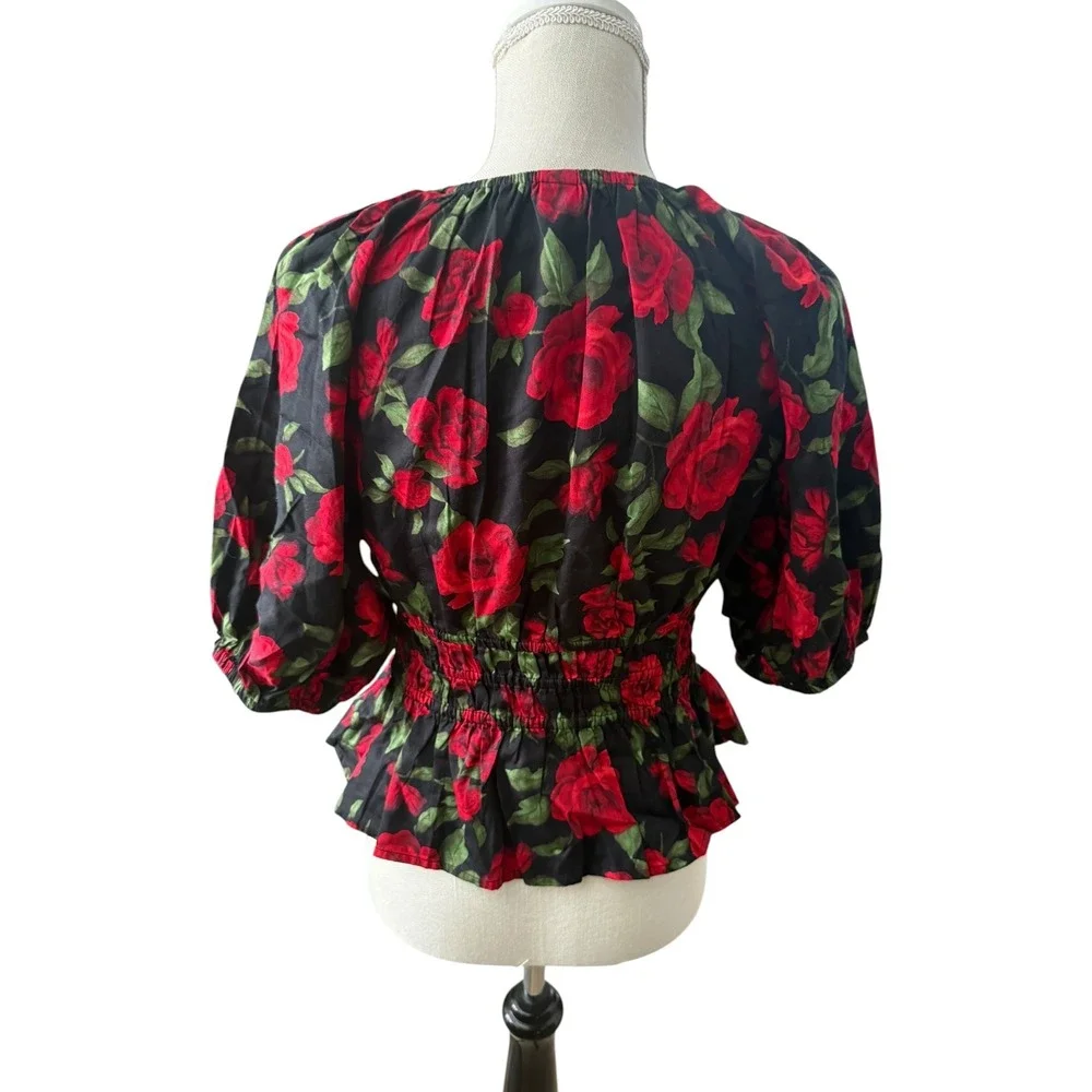 Old Navy Red Rose Floral Smocked Peplum Top V-Neck Puff Sleeve Medium Whimsygoth